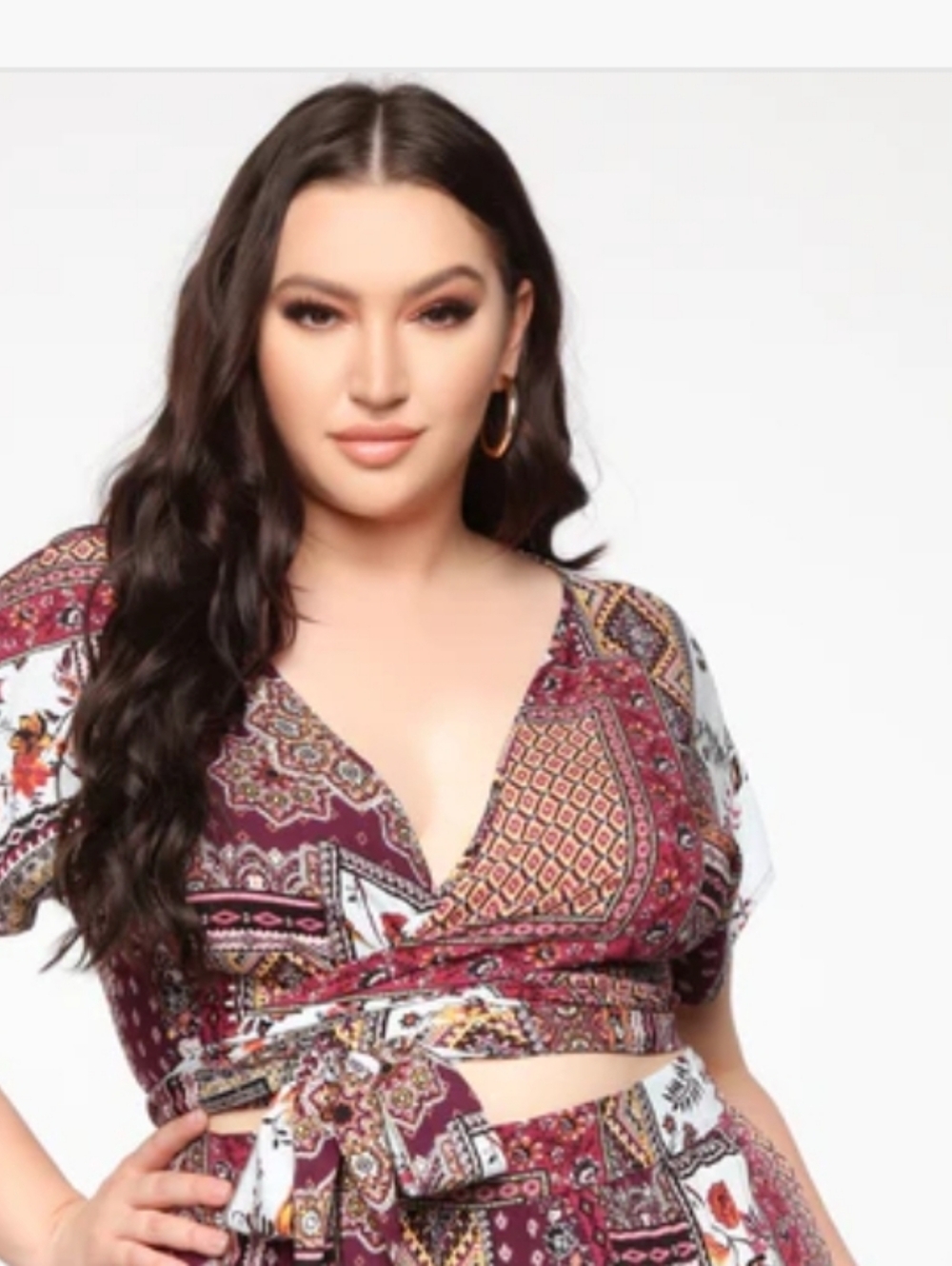 Fashion Nova Boho Wrap Crop Top in Wine Patchwork Print Size 3x